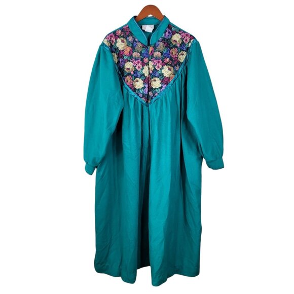 NEW Vintage 80s Fuzzy Fleece Plus 2X Housecoat Robe Zip Up warm Green Floral - Picture 2 of 7